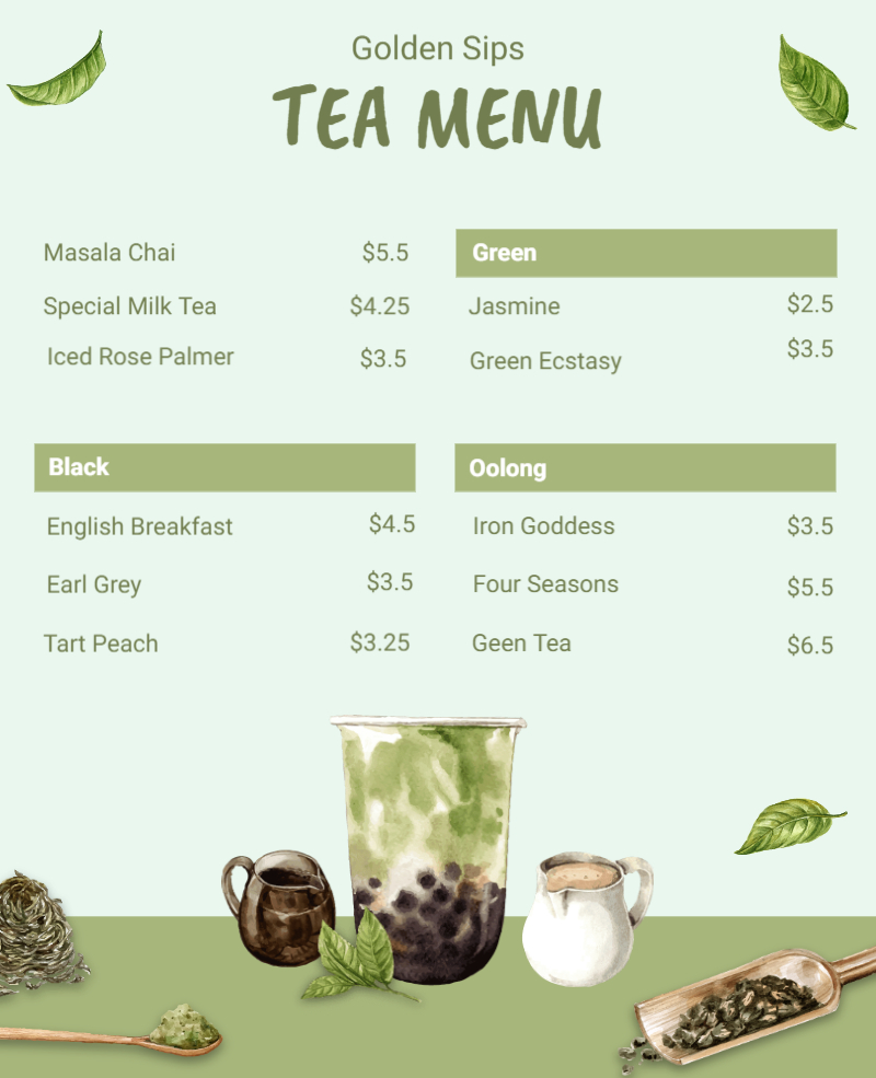 tea menu card template
