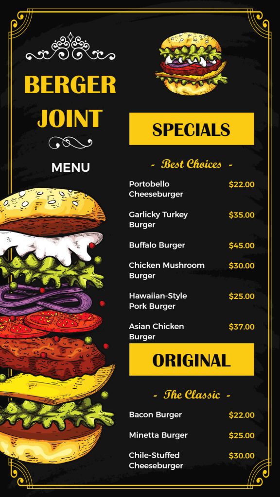 Restaurant Menu for Burger