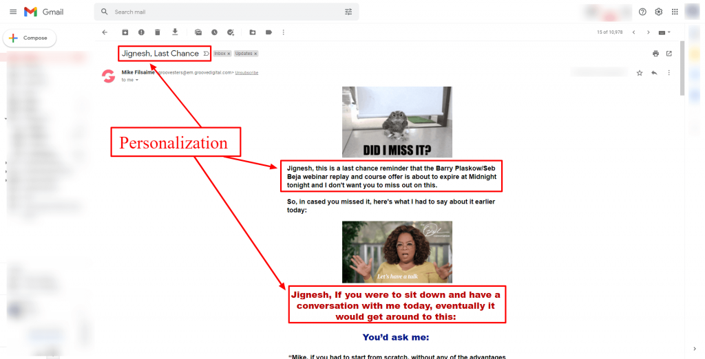 Personalize email example