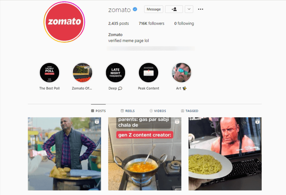 zomato's instagram page