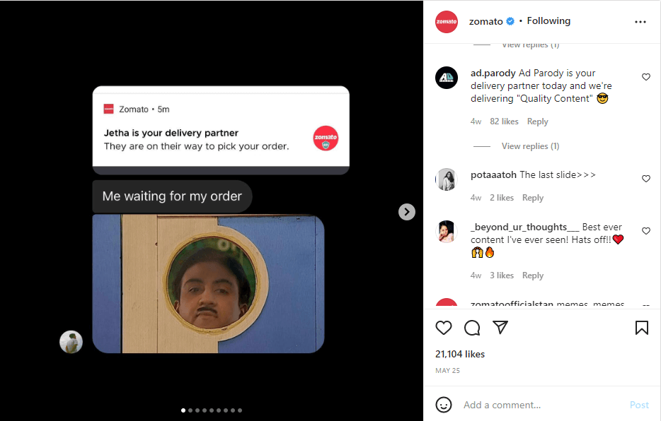 memes on zomato's social media