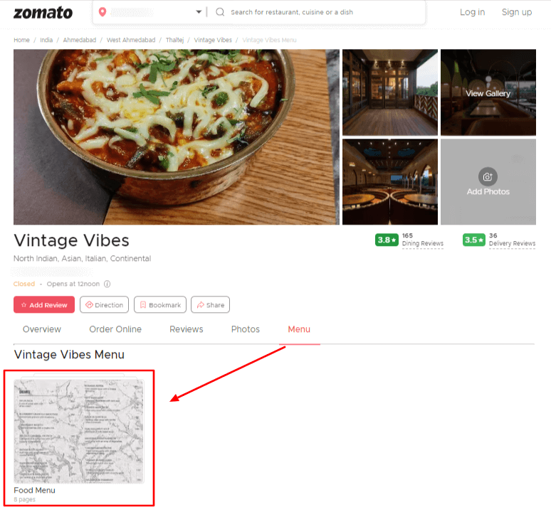menu on zomato website