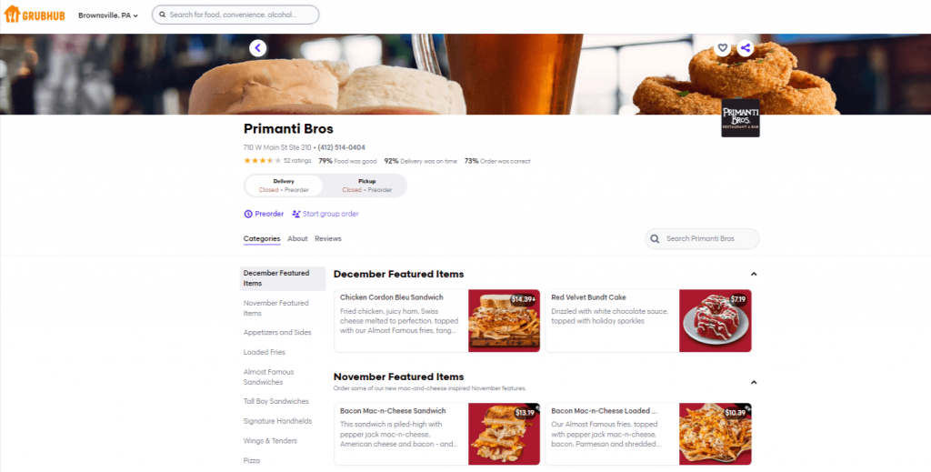 cafe menu on food delivery site