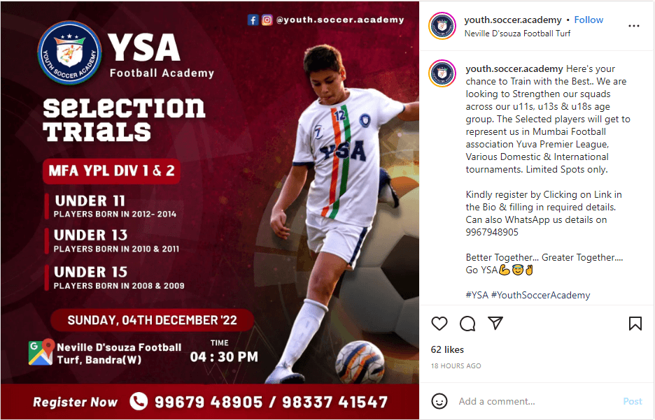 Youth soccer academy Instagram