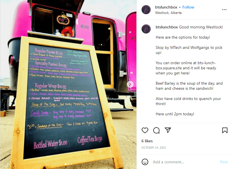 food truck menu on instagram