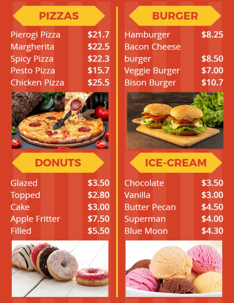food items on food truck menu