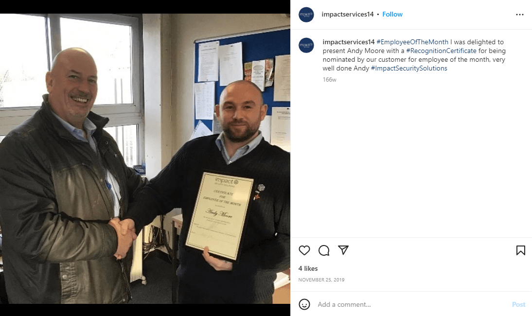 Best employee award certificate Instagram screenshot