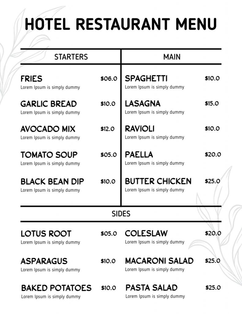 Monochrome Hotel Menu