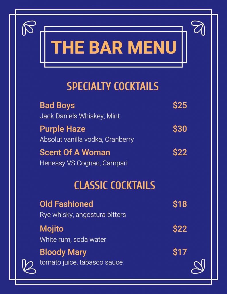 special cocktail menu template