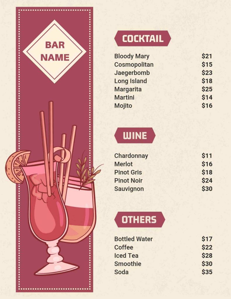 bar menu template
