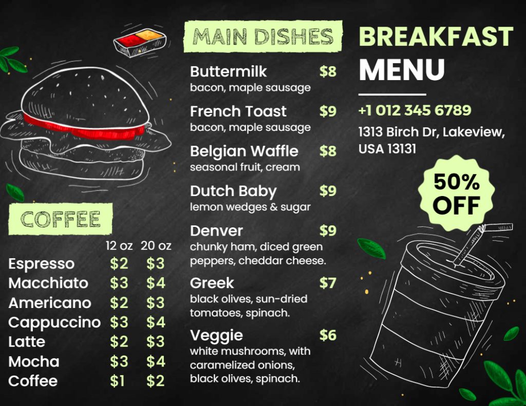 black chalky breakfast menu