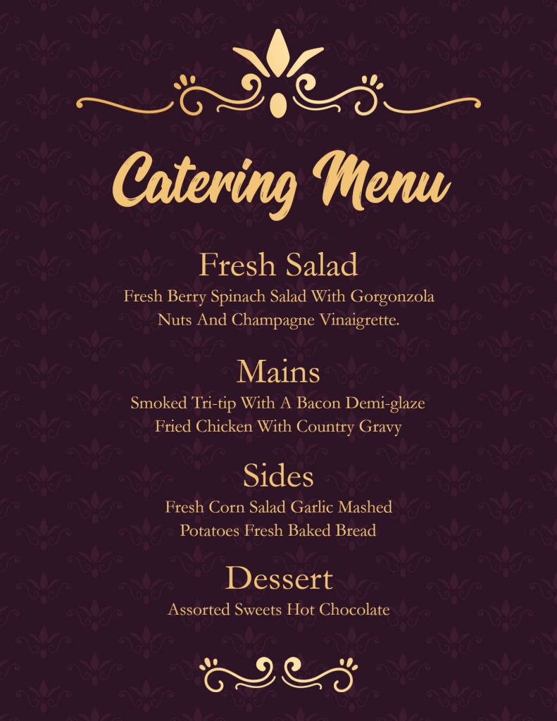 wedding theme catering menu