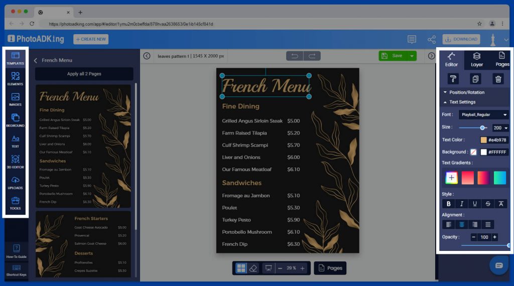 french menu editor