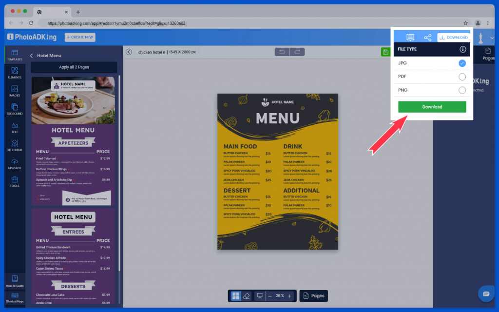 download hotel menu template