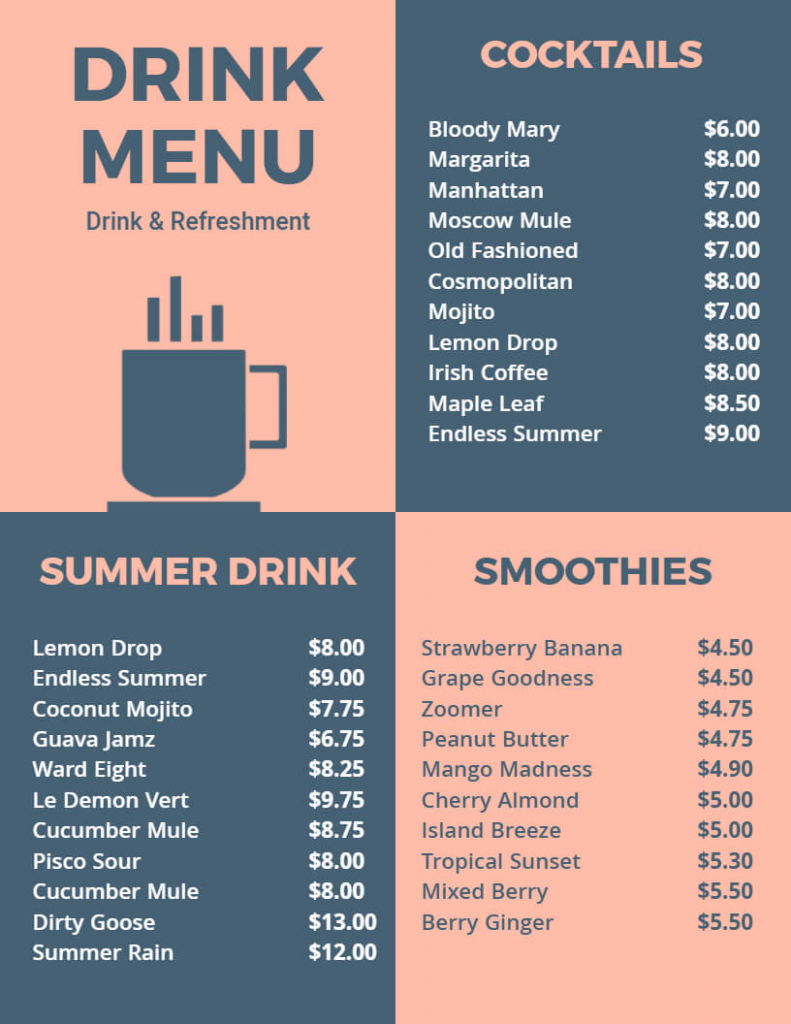 beverages drinks menu