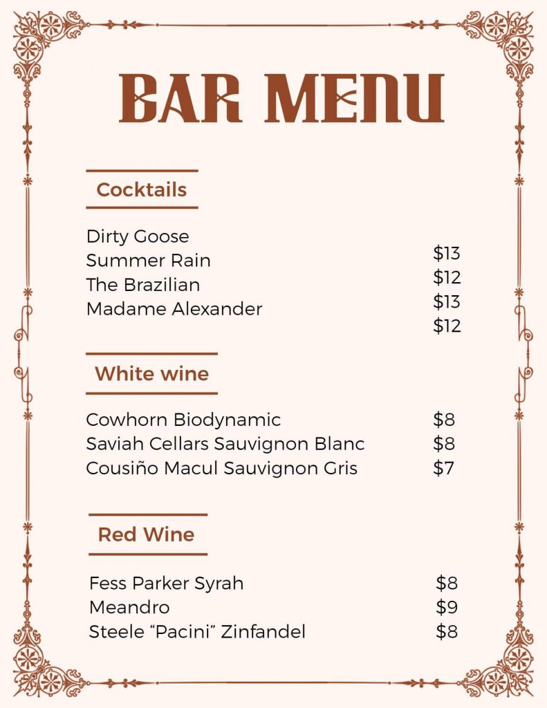 wine and cocktail menu card