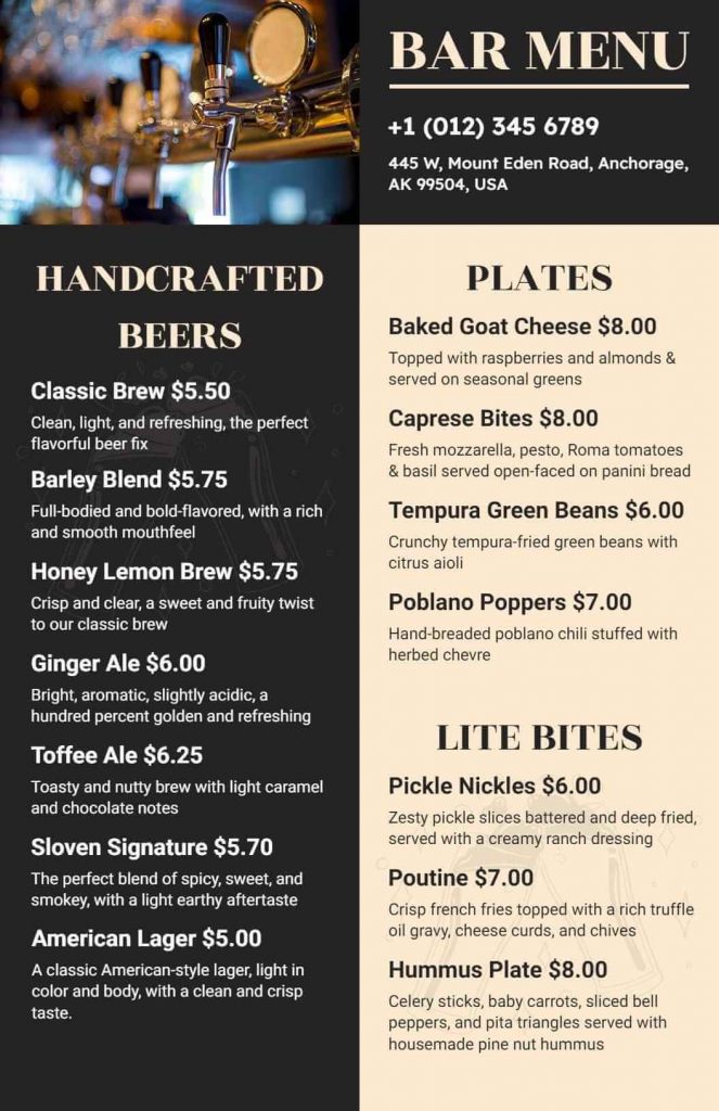 bar restaurant menu template