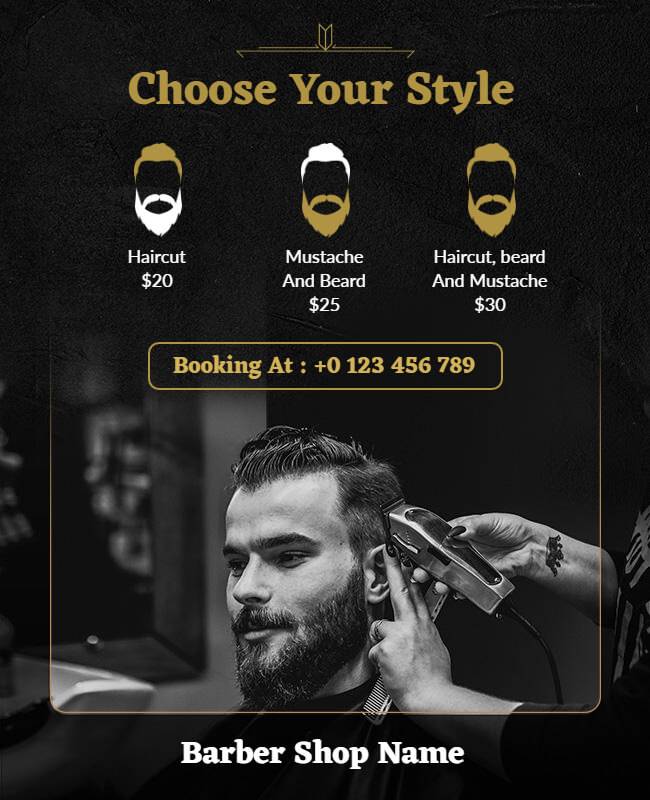barbershop flyer in black and white theme