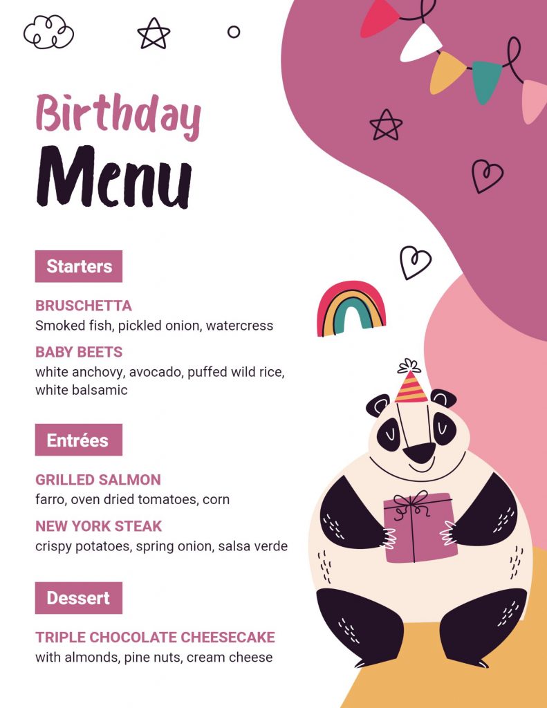 themed Birthday menu
