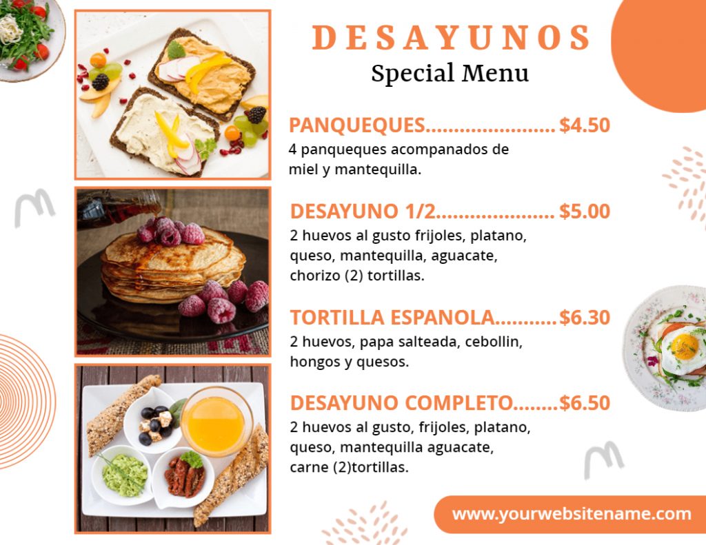 white and orange breakfast menu