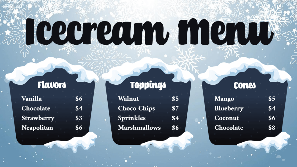 use snowfall theme in icecream menu template