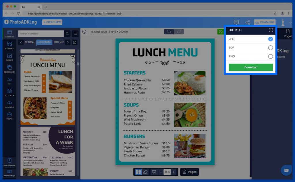 Save or Download Lunch Menu From PhotoADKing