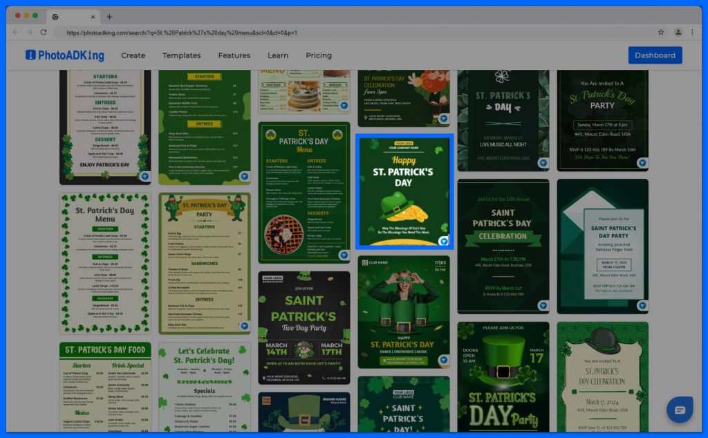 selecting St. Patrick's Day menu templates