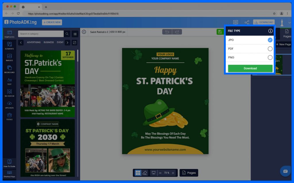 Downloading St. Patrick's Day menu