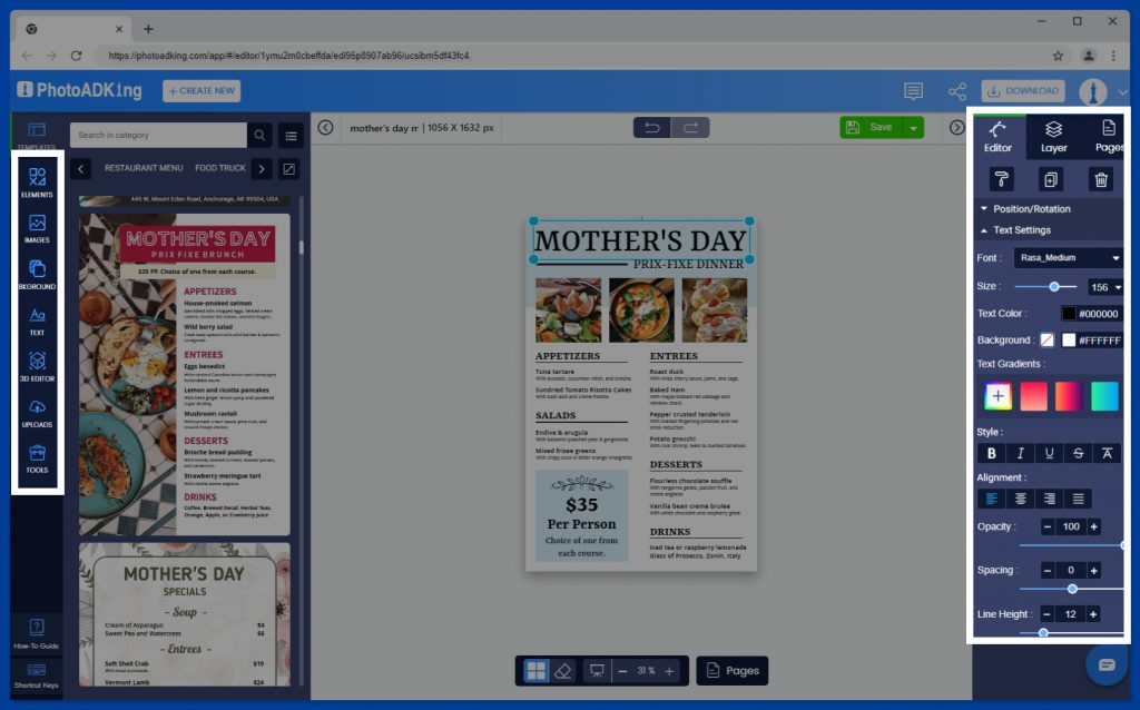 Customize the Mother’s Day Menu
