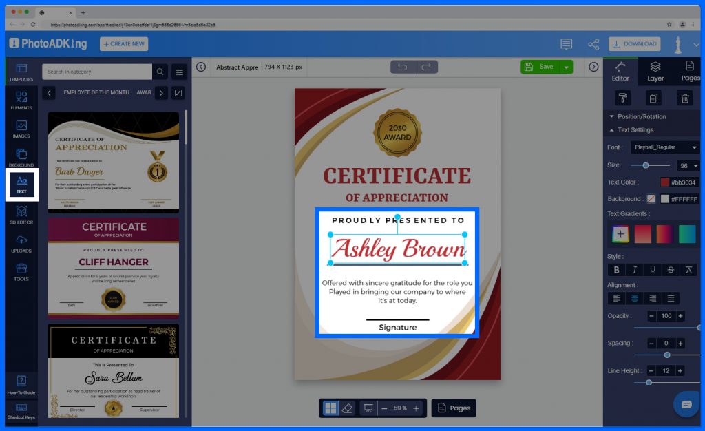 Adding Text to Appreciation certificate templates 
