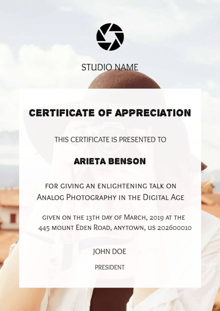 Certificate of Appreciation for Photography