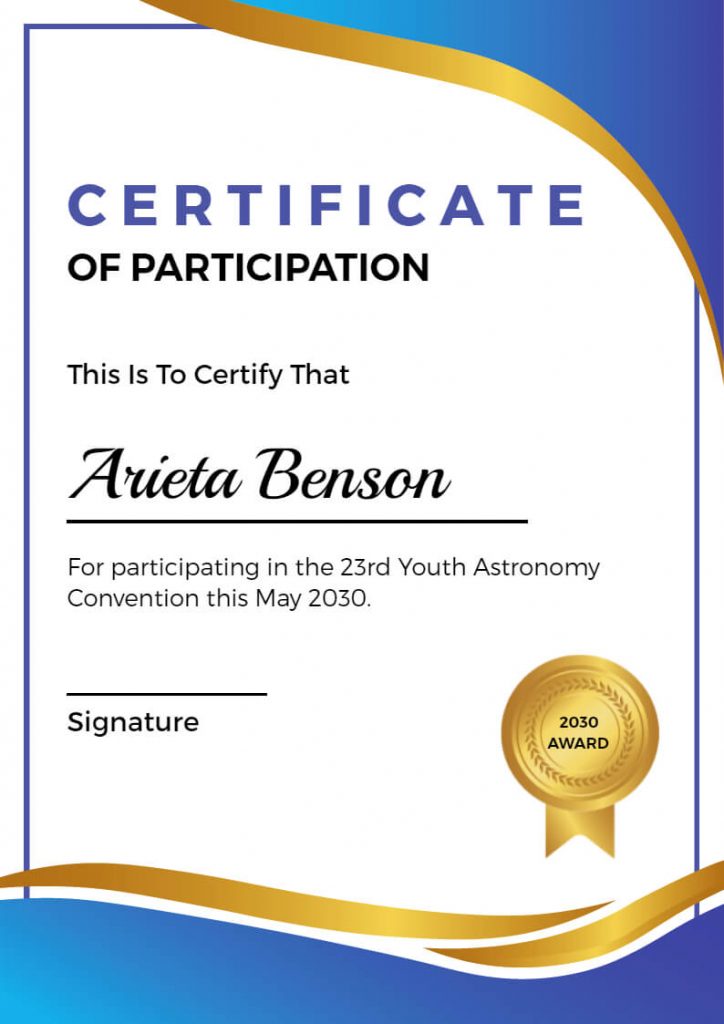 Youth Astronomy Convention Participation Certificate Template