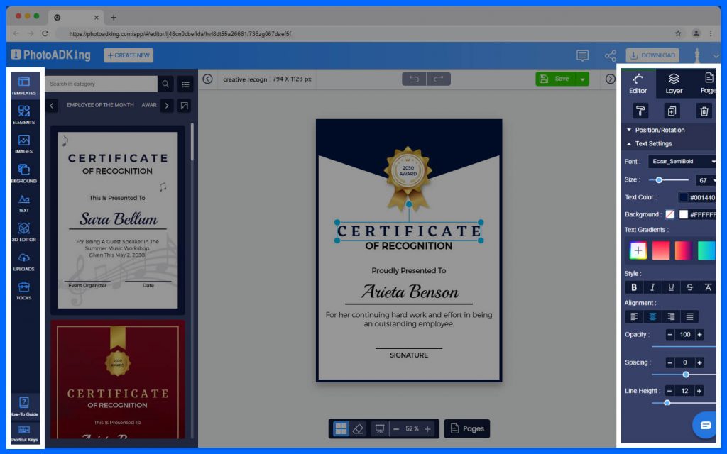 customizing the template for the certificate of recognition