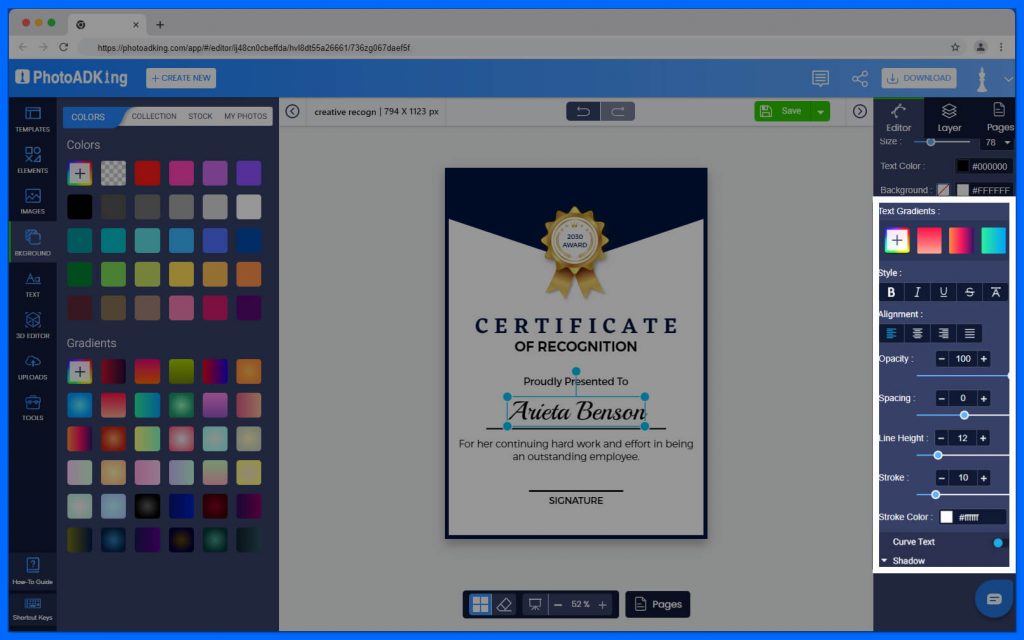 Adding Details and Text in certificate of recognition