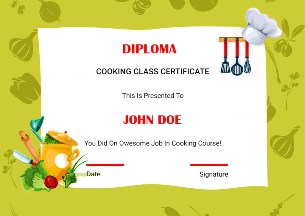cooking class diploma certificate 