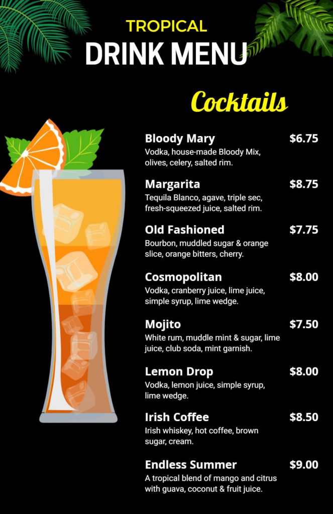 tropical drink menu