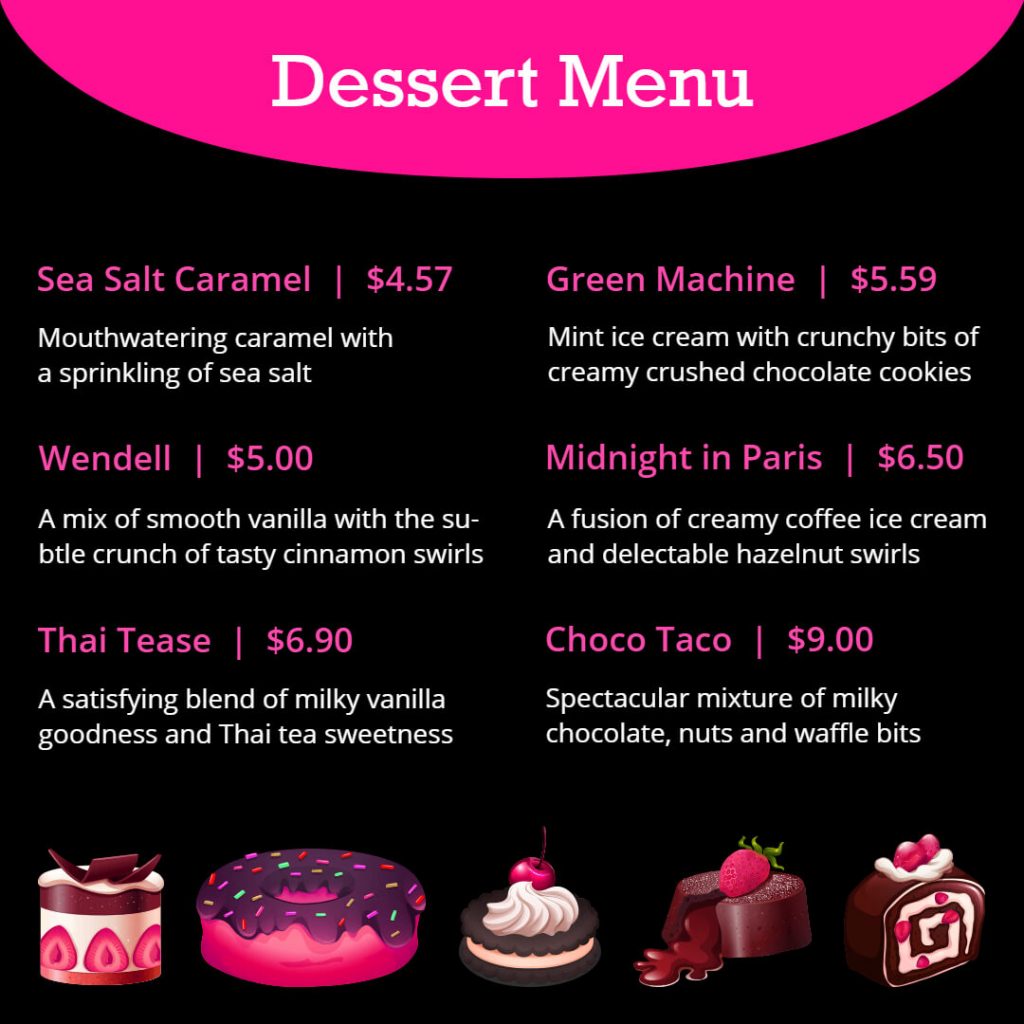 use descriptive language for dessert menu design idea
