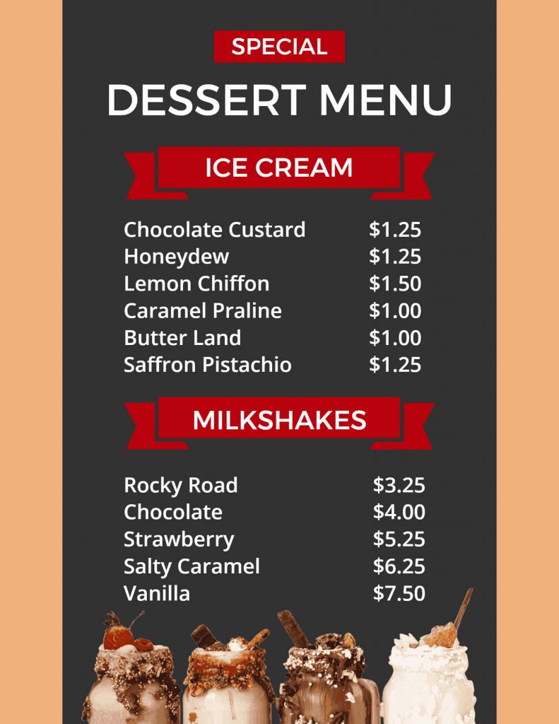 pairing suggestion for dessert menu design idea