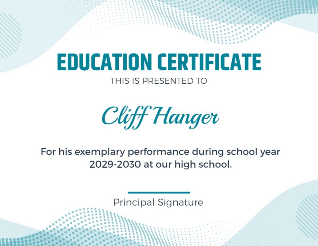 Teal Blue Certificate Sample