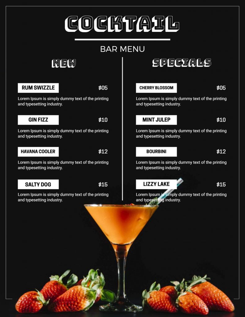 bar cocktail menu