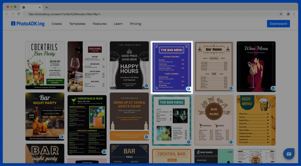 bar menu templates