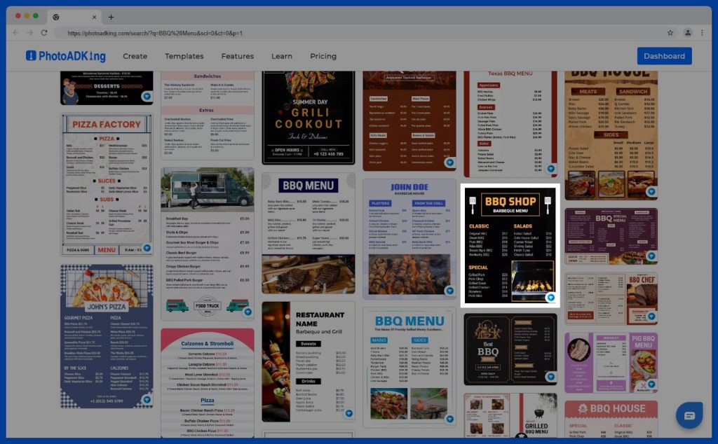 Choose a BBQ Menu Template in PhotoADKing Screenshot