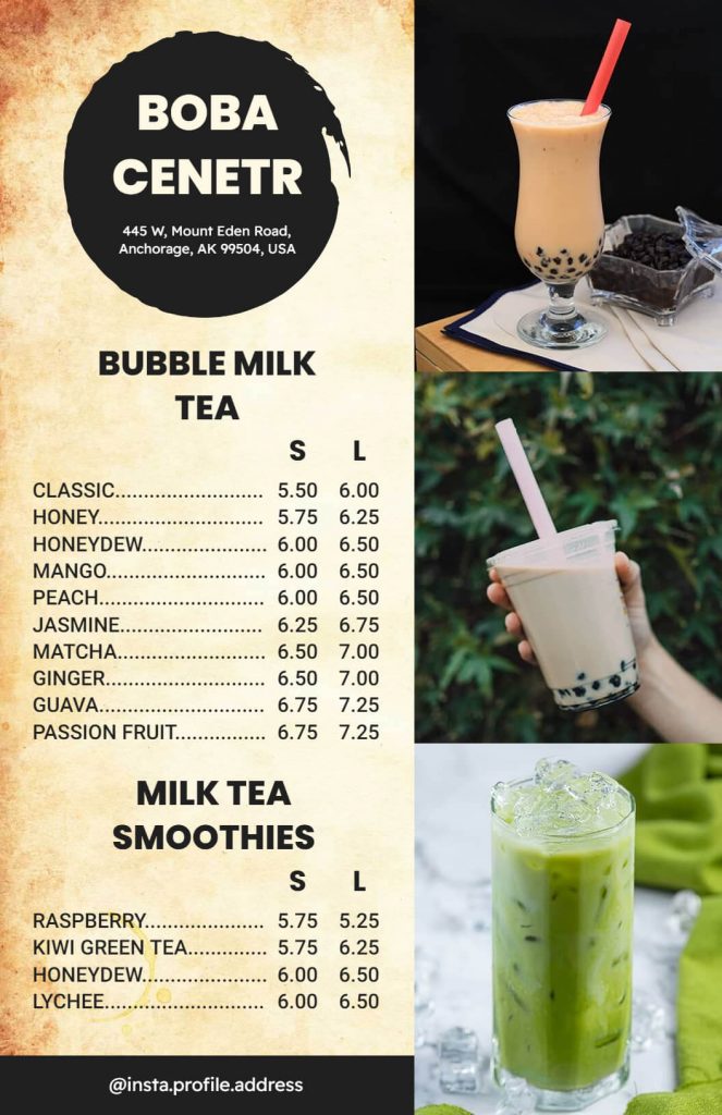 bubble milk tea menu