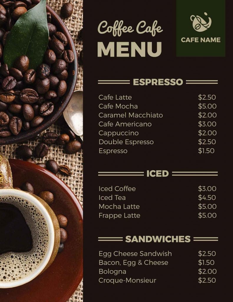 cafe menu layout