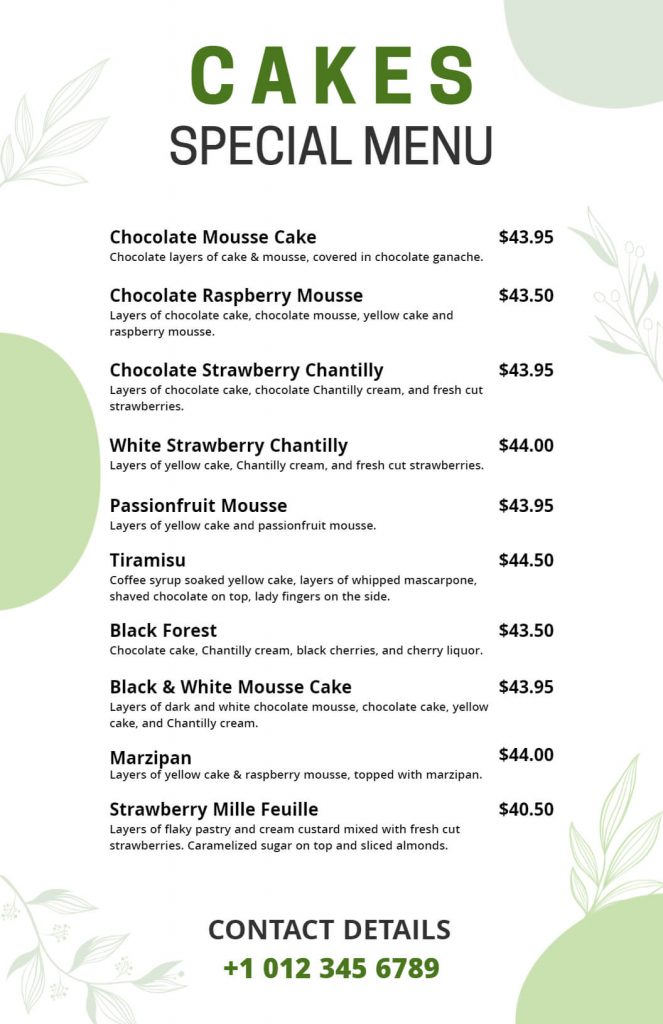 cake dessert menu design examples 