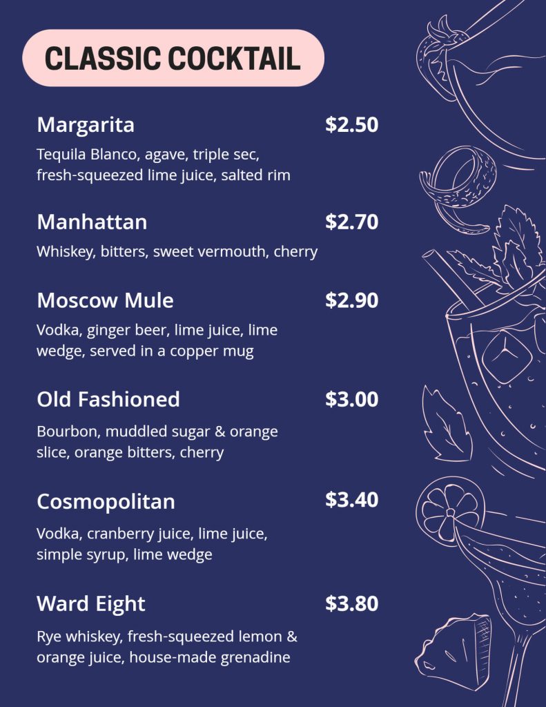 classic cocktail menu