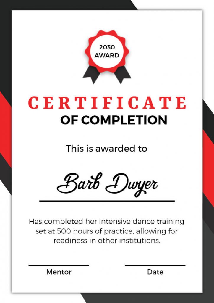 Dance Training Completion Certificate