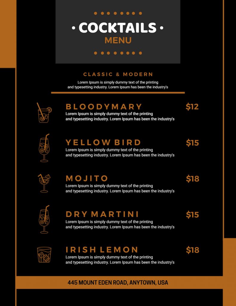 dark cocktail menu