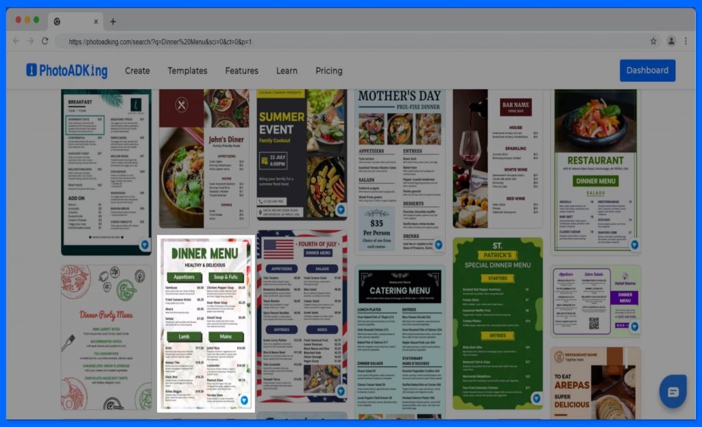 choose dinner menu template