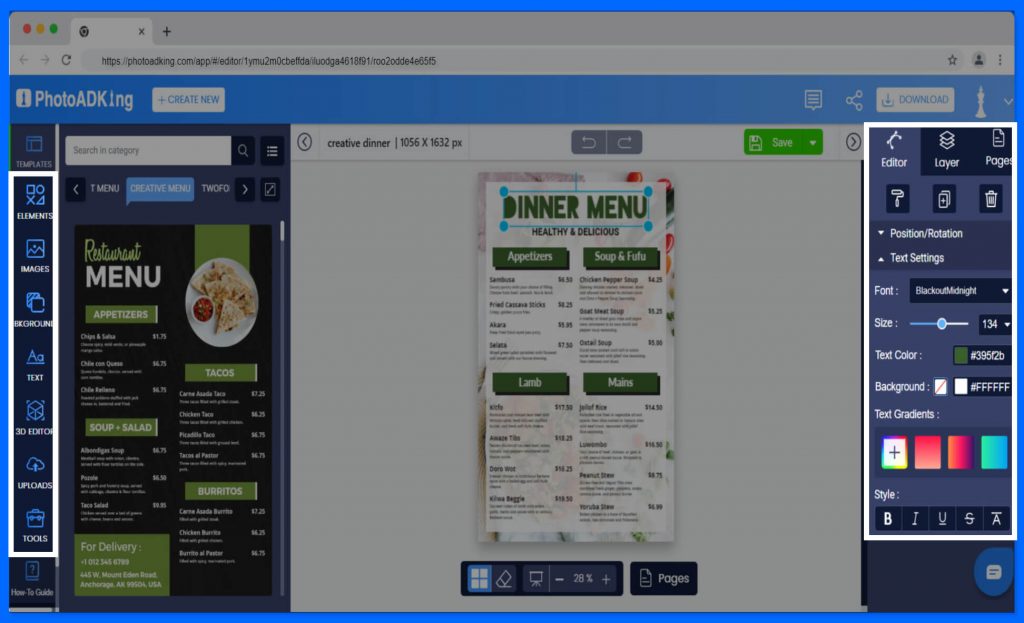 customize dinner menu template